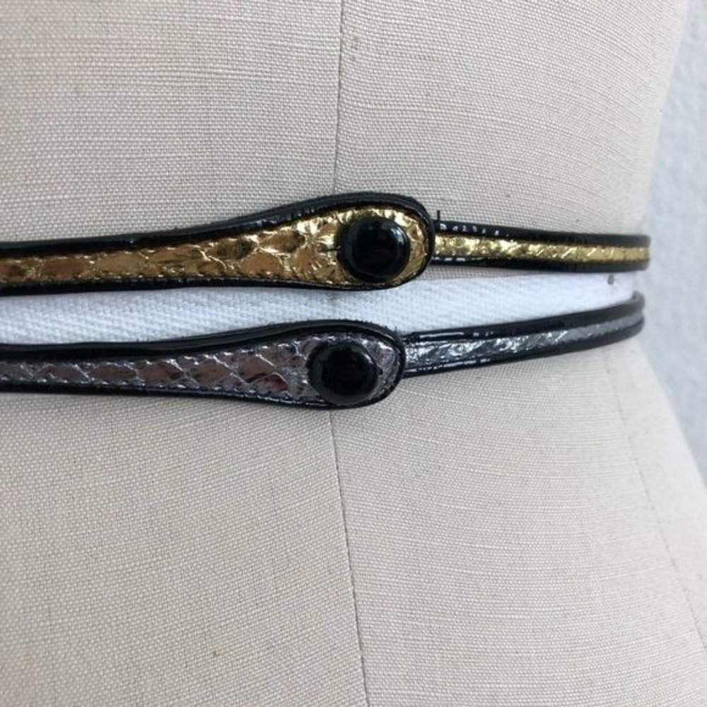 PRADA Gold Patent Leather Button Tab Switch Back Skinny Belt - Picture 4 of 10